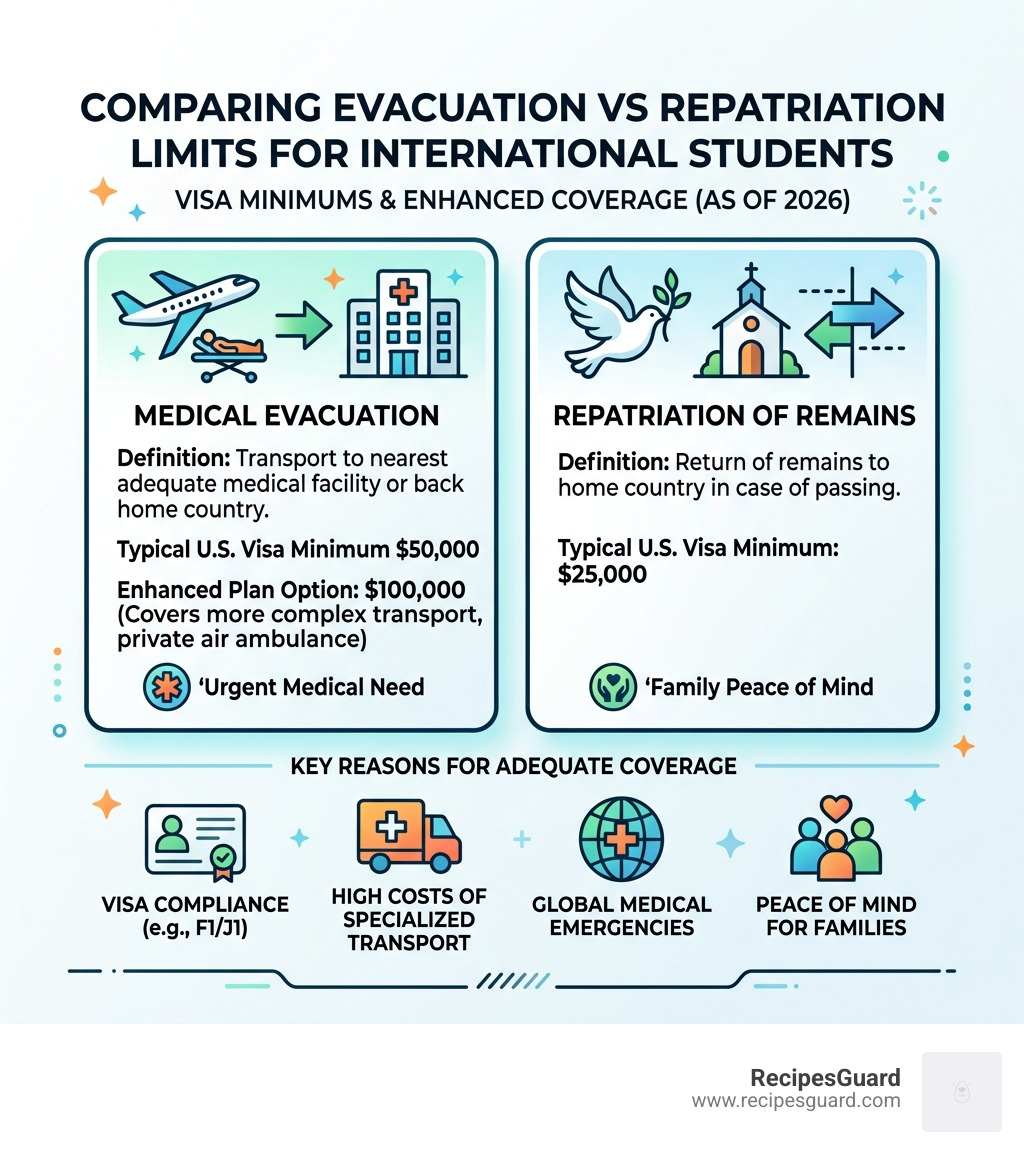 Table comparing evacuation vs repatriation limits - student medical evacuation claim infographic 