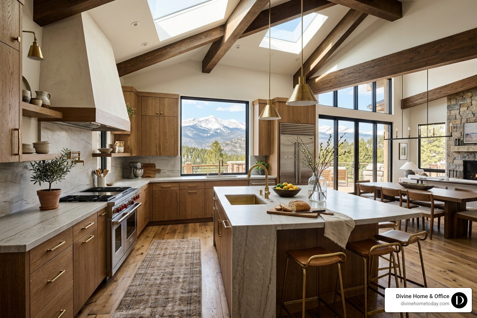 High-end modern mountain kitchen with stone countertops and natural wood cabinetry - design development interior design