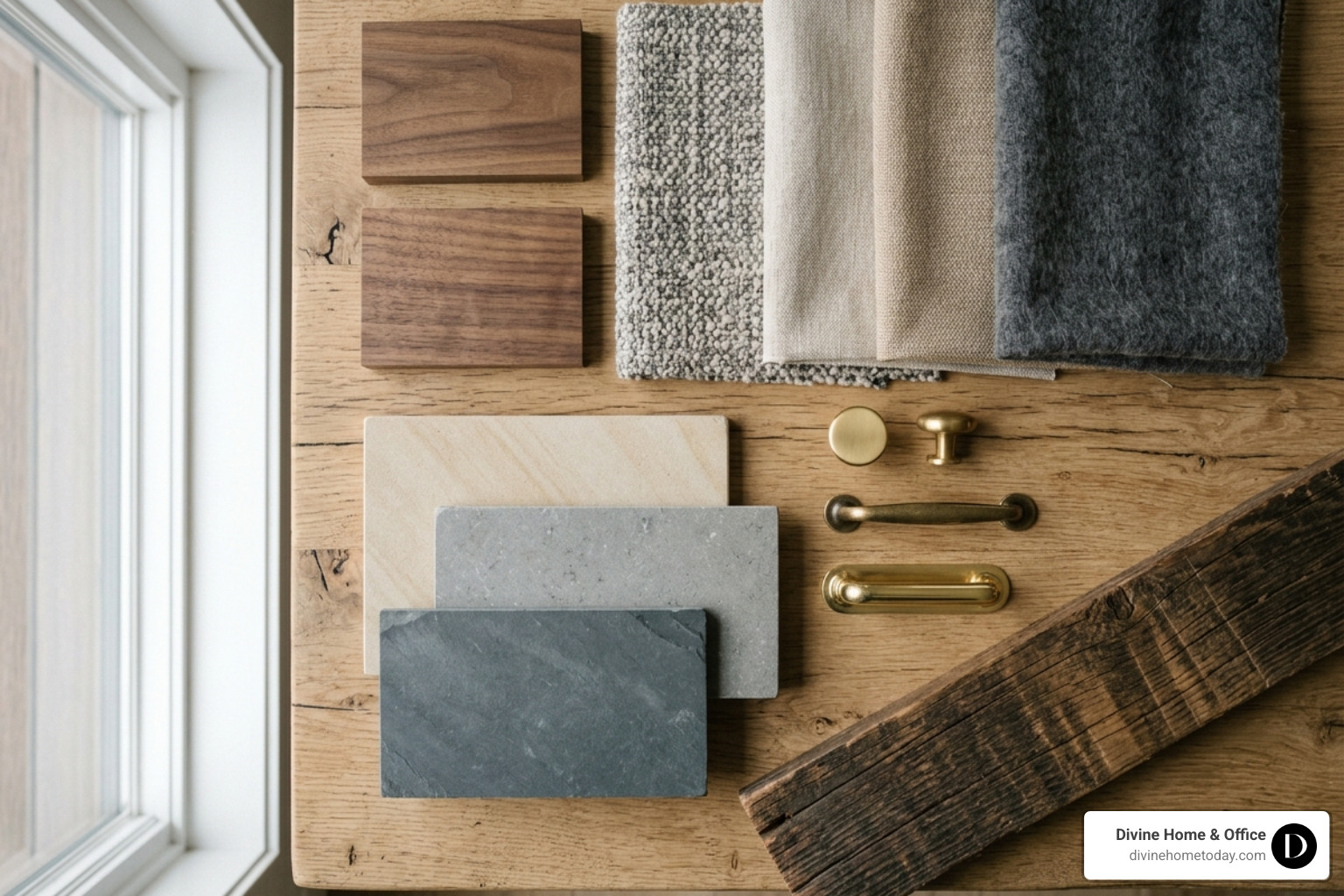 Curated flat lay featuring warm palettes, brass hardware, and textured fabrics - design development interior design