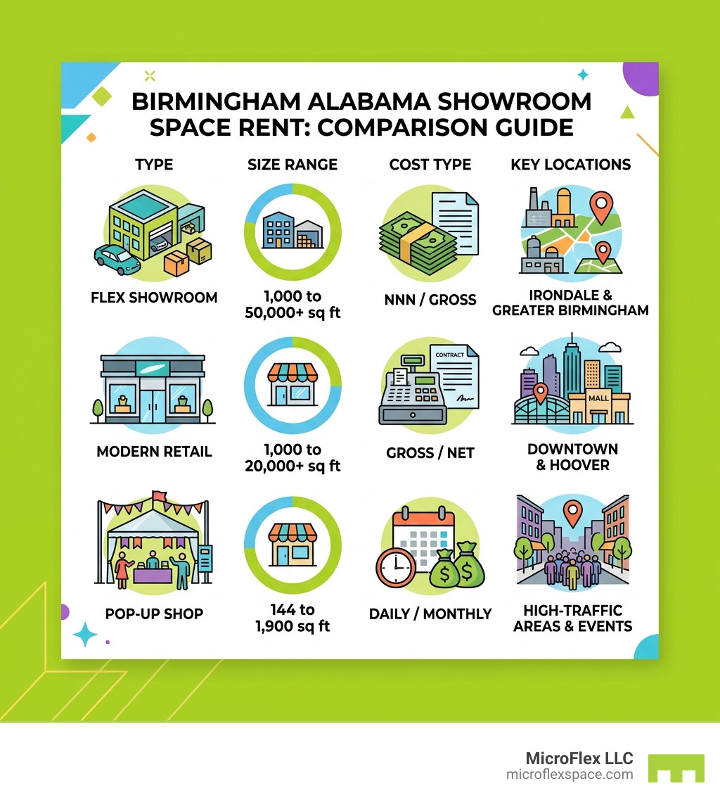 Infographic comparing showroom rental types sizes costs and locations in Birmingham Alabama - Birmingham showroom space rent