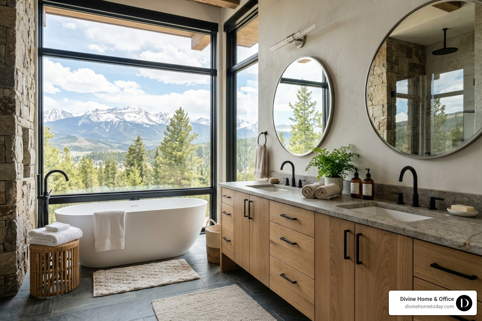 Spa-like modern mountain bathroom with stone counters and natural wood vanity - design development interior design