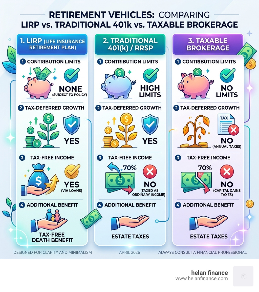 Comparing LIRP vs Traditional 401k vs Taxable Brokerage - life insurance retirement plan infographic 