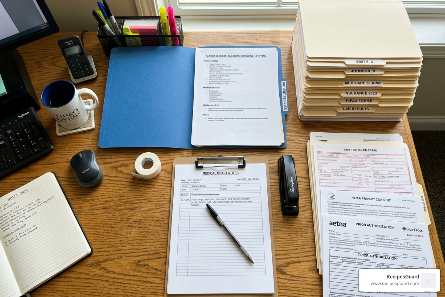 Organized medical records and insurance forms on a desk - student medical evacuation claim