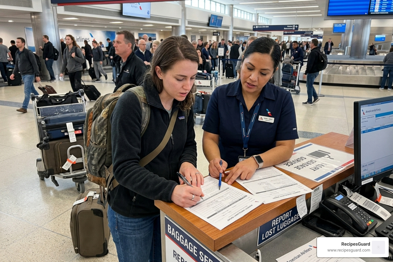 Property Irregularity Report being filled out at an airport - insurance for luggage
