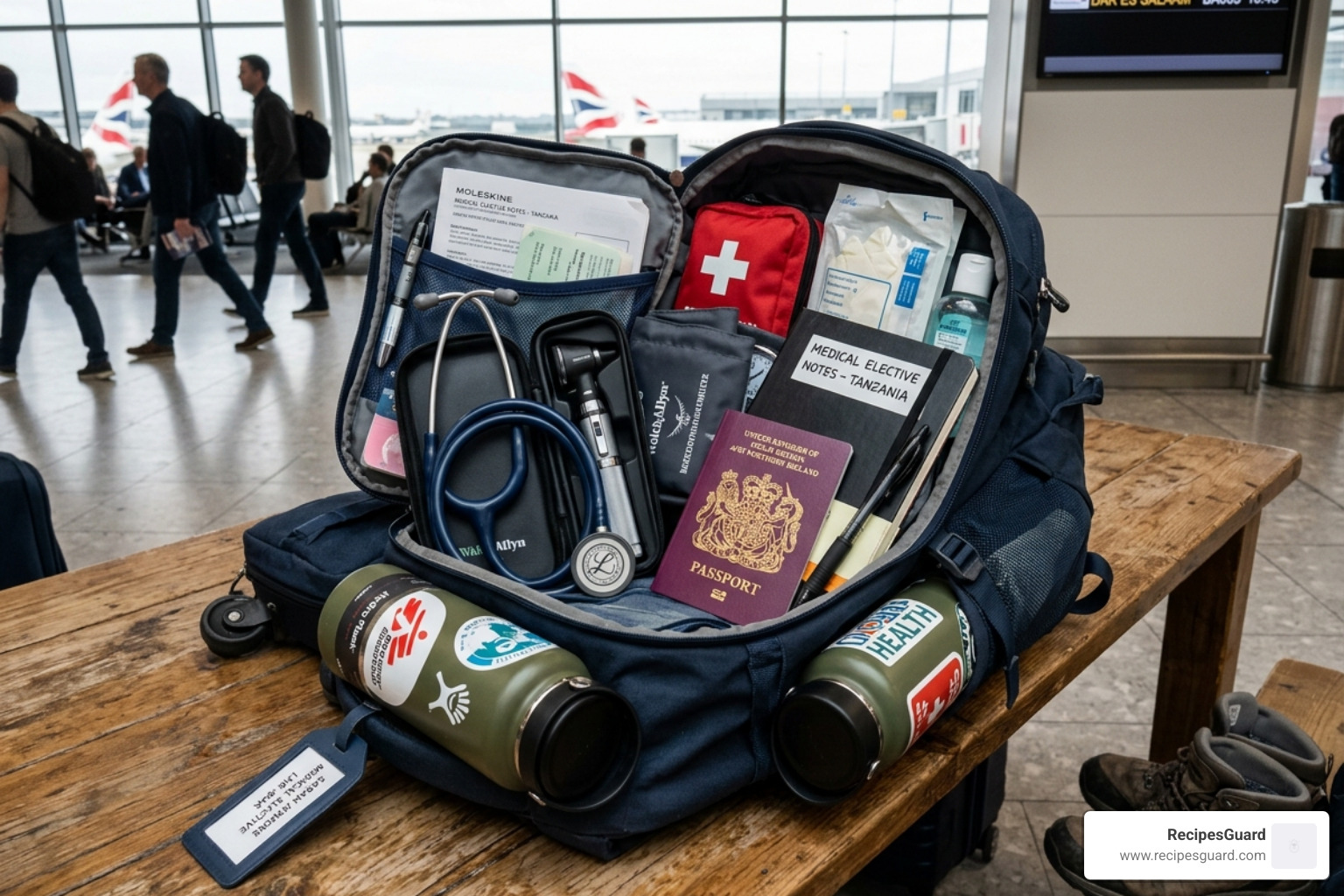Student medical equipment and travel gear packed for an overseas elective - student elective claim overseas