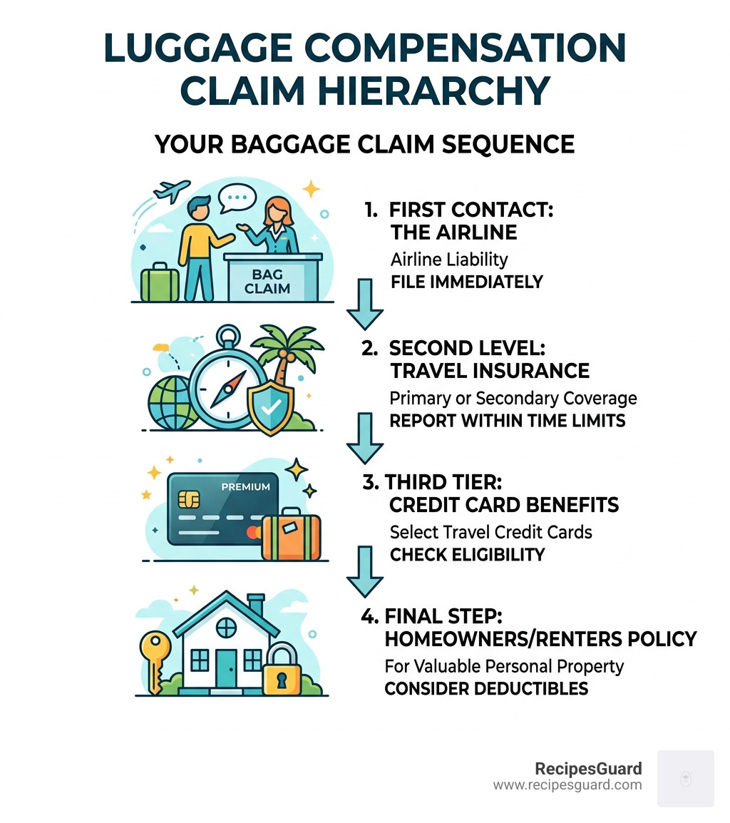 Hierarchy of baggage claims: airline first, then travel insurance, credit card, homeowners policy - insurance for luggage