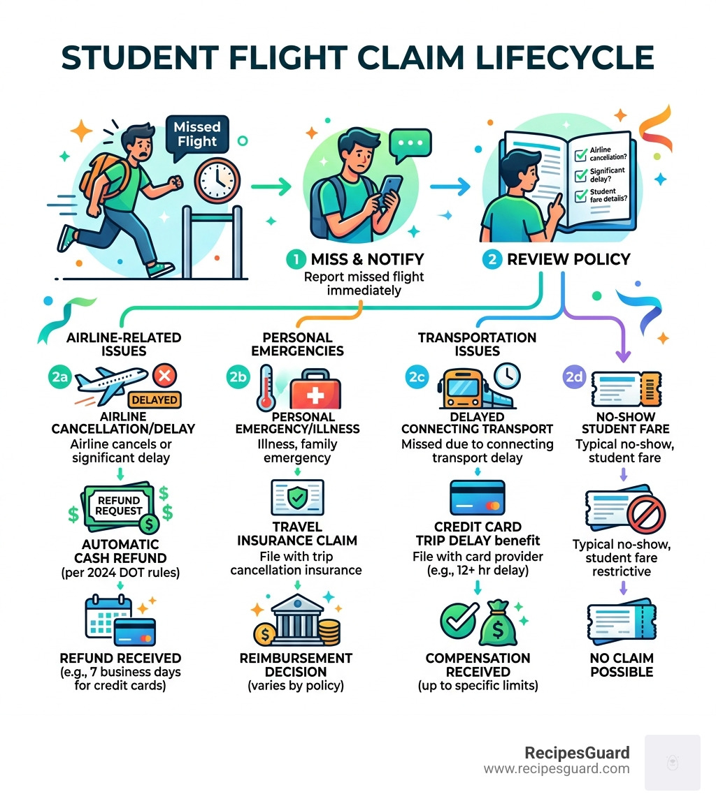 Student flight claim lifecycle from missed departure to reimbursement decision - flight missed claim student policy