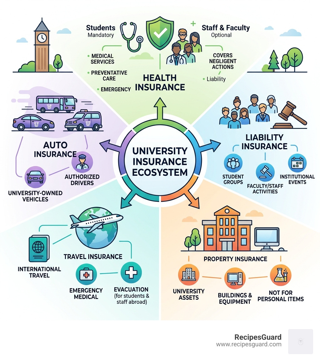 University insurance ecosystem showing health, liability, property, travel, and auto coverage types - university insurance