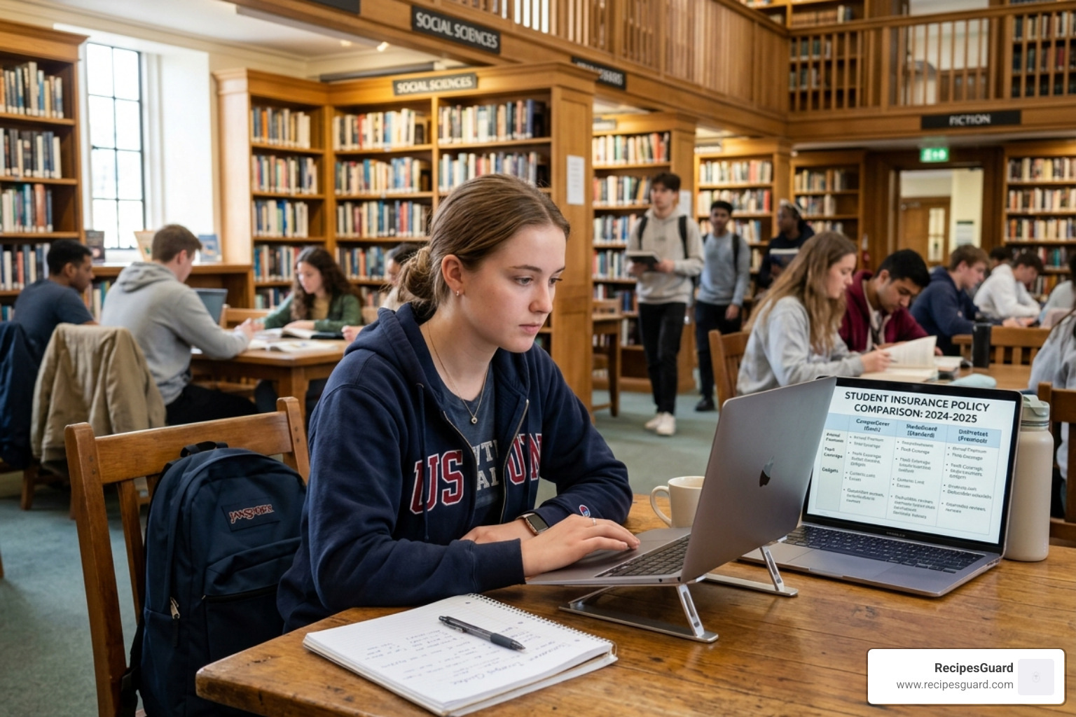 student comparing insurance policies on a laptop in a library - student content insurance comparison