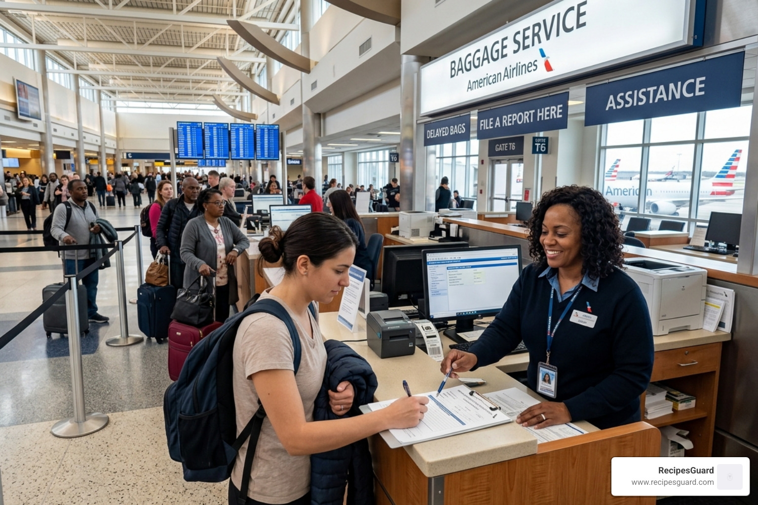 airline baggage service desk with Property Irregularity Report PIR form - how get luggage compensation