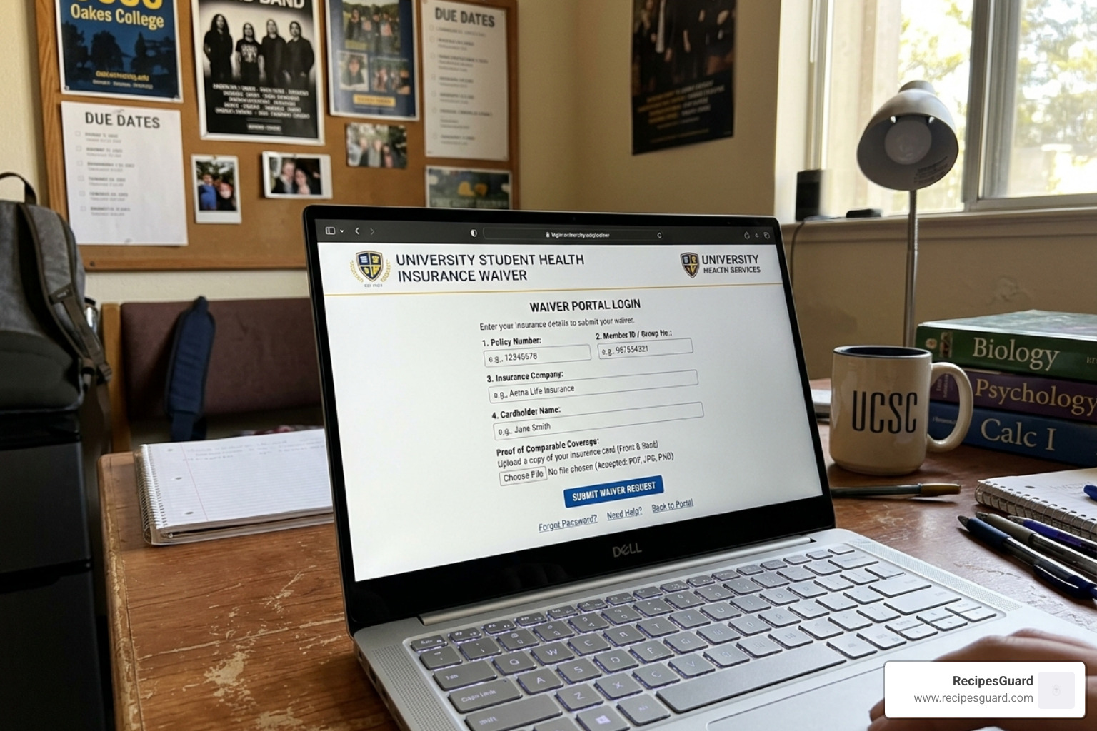 Laptop screen showing university waiver portal - medical insurance student steps