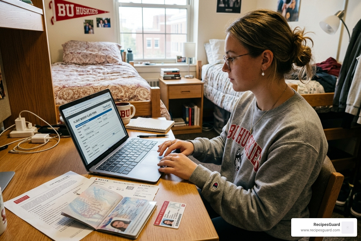 student filing an insurance claim on a laptop - flight missed claim student policy