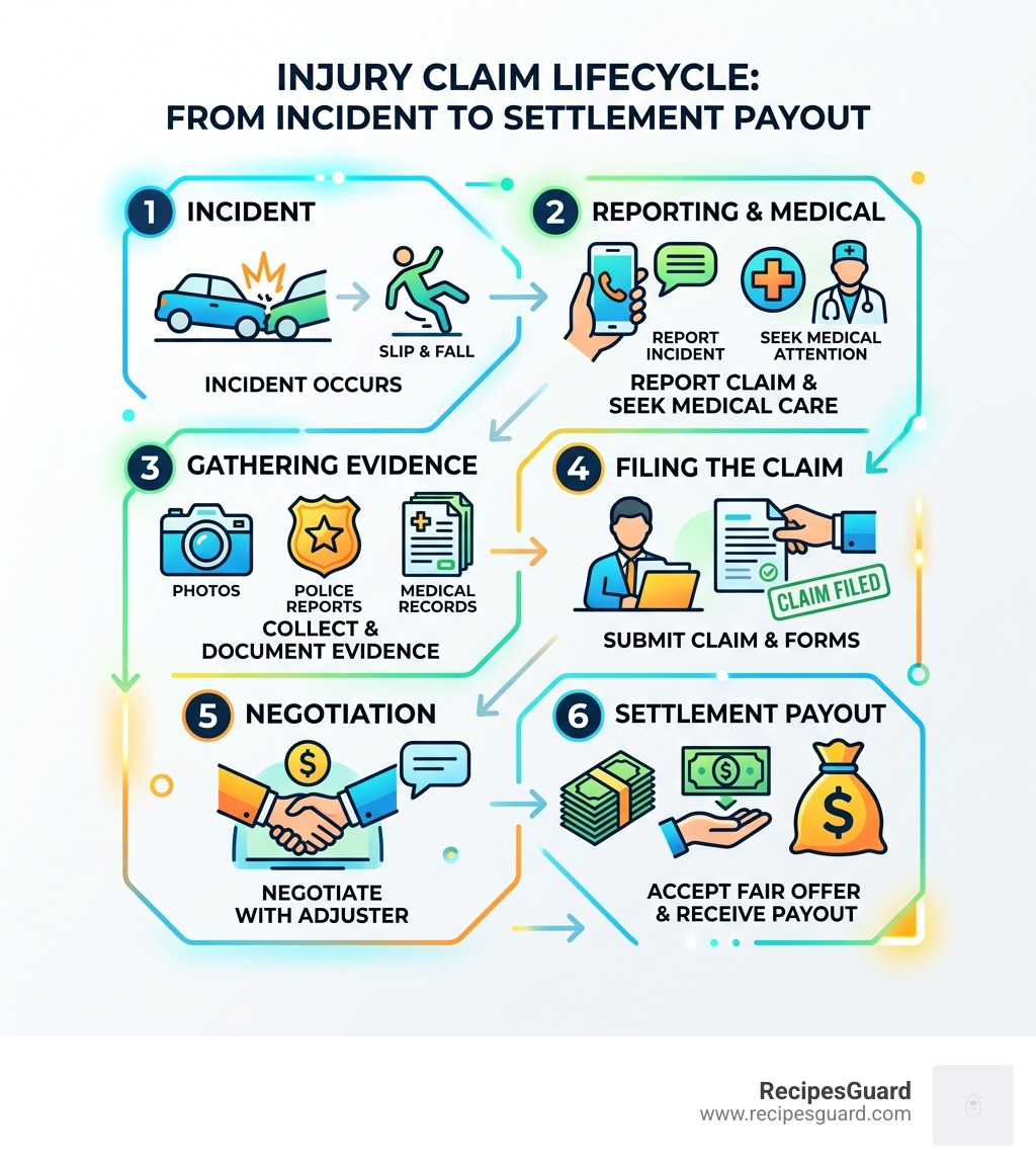 Infographic showing the injury claim lifecycle from incident to settlement payout - insurance claim for injury infographic 