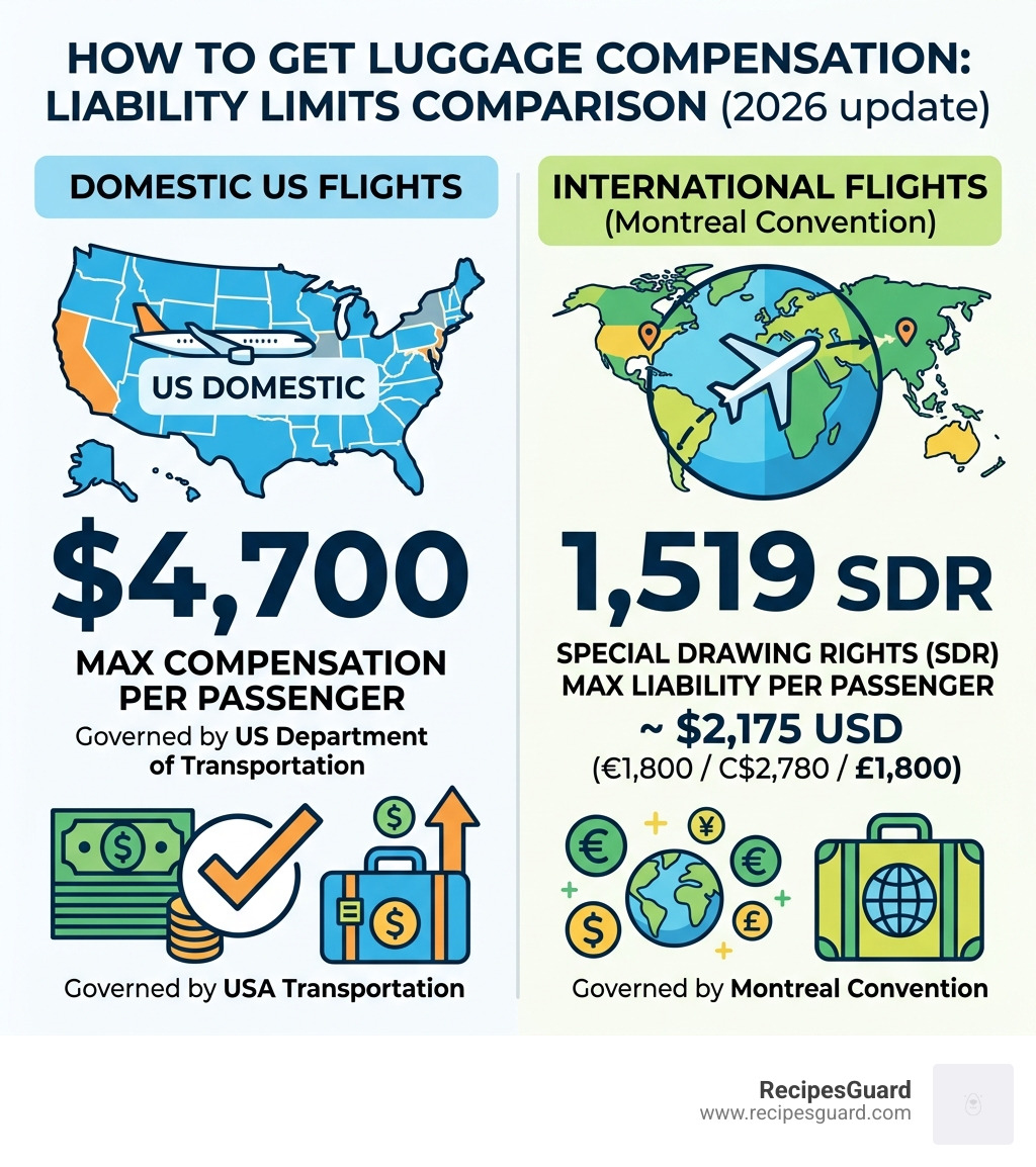 infographic comparing domestic US vs Montreal Convention international baggage liability limits - how get luggage