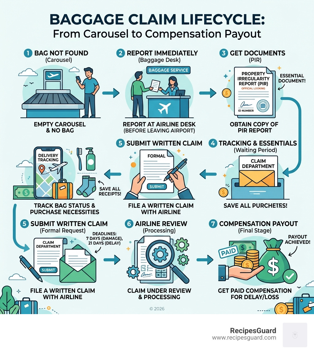 Baggage claim lifecycle infographic from carousel to compensation payout - how get luggage compensation infographic 