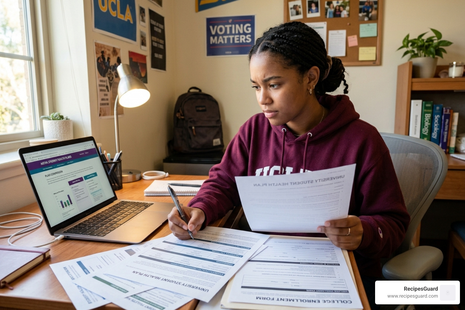 student reviewing insurance documents for university enrollment - student insurance comparison