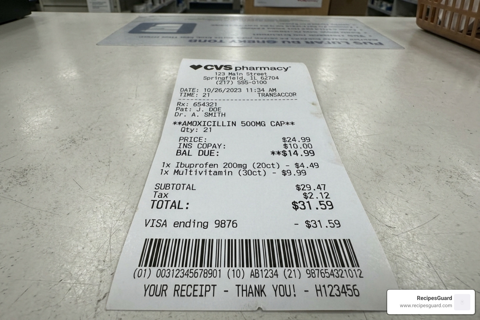 Itemized pharmacy receipt showing drug details and cost - student prescription claim guide