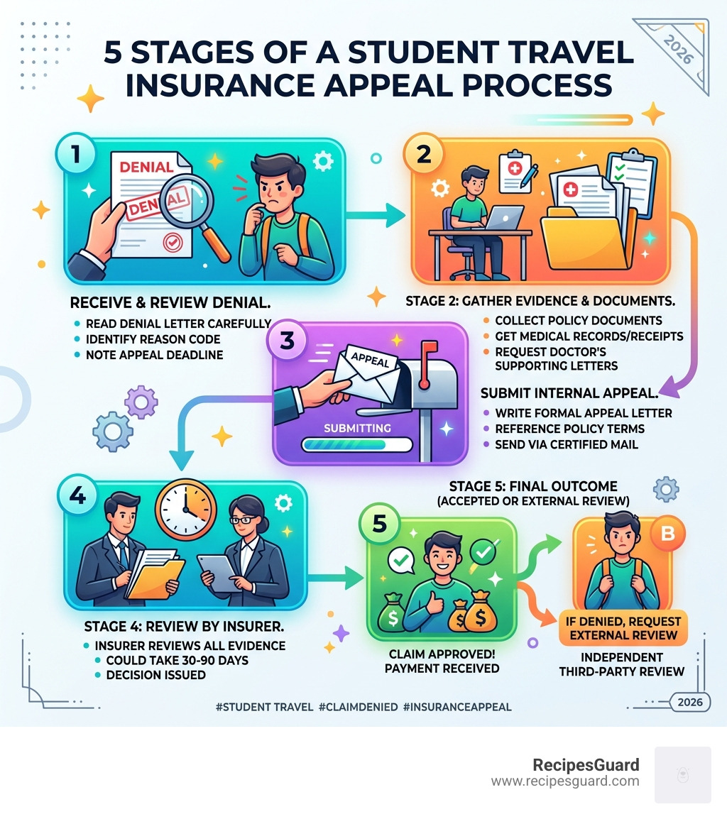 5 stages of a student travel insurance appeal process flowchart - student travel claim denied infographic 