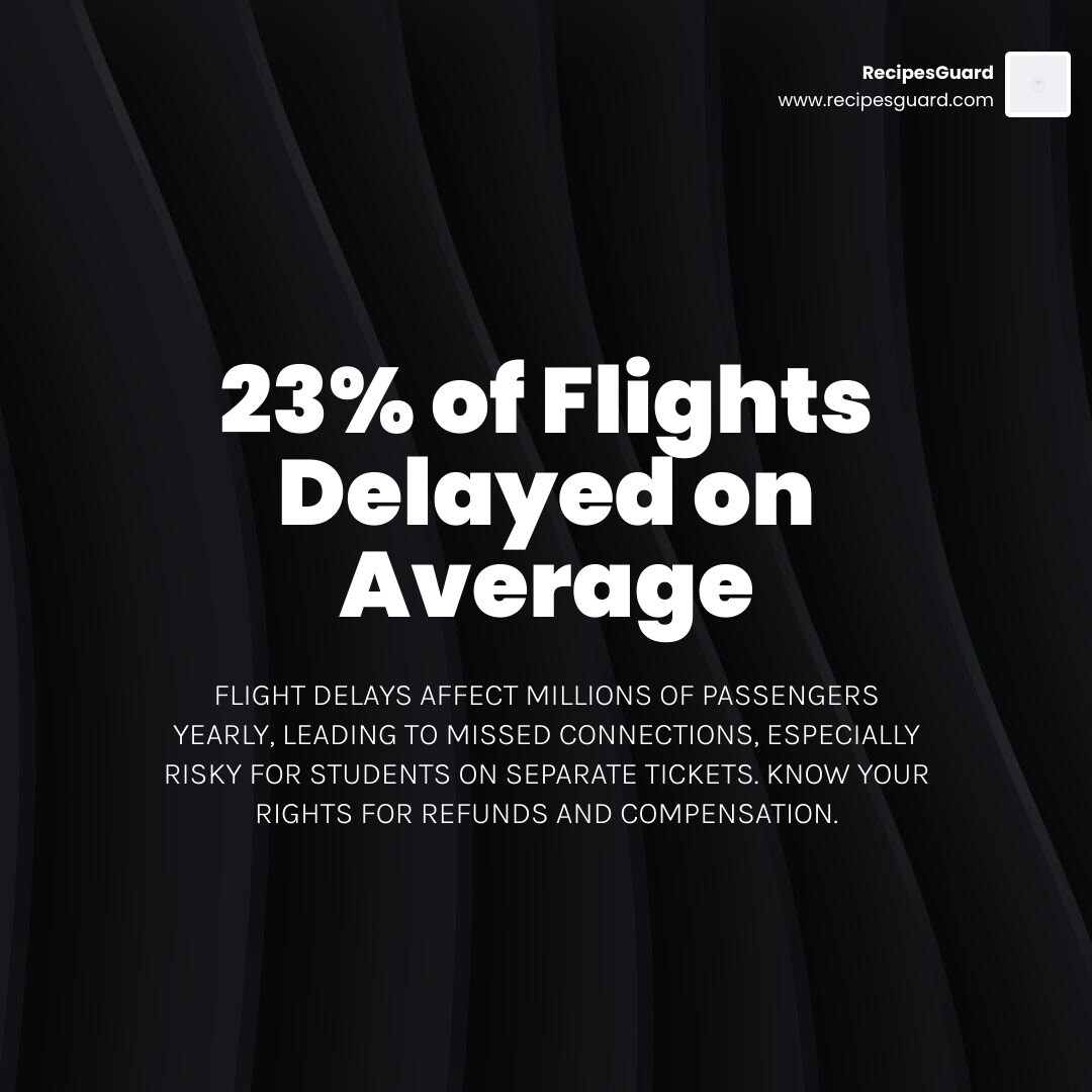Graphic showing flight delay statistics: 23% of flights are delayed on average - flight missed claim student infographic