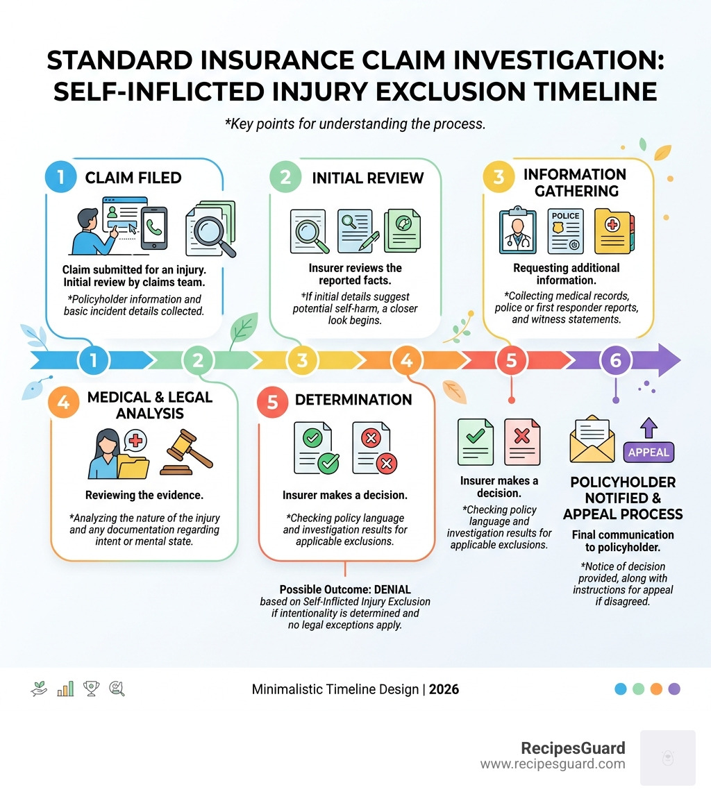 Timeline infographic of a standard insurance claim investigation for self-inflicted injury exclusion - self inflicted injury