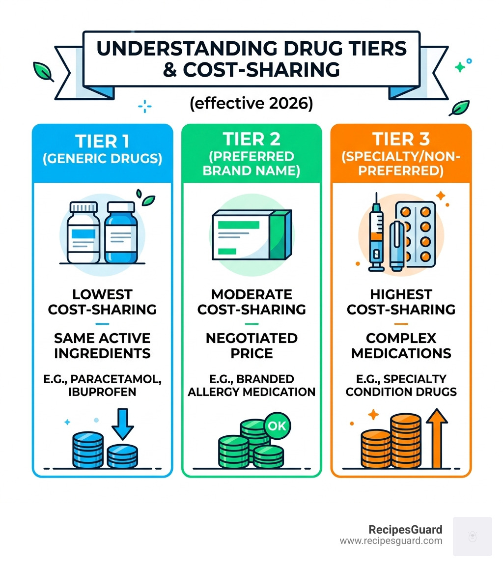 Table comparing drug tiers and student cost-sharing - student prescription claim guide infographic 