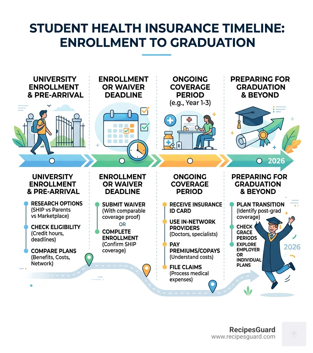 Student health insurance timeline from enrollment to graduation - medical insurance student steps infographic 