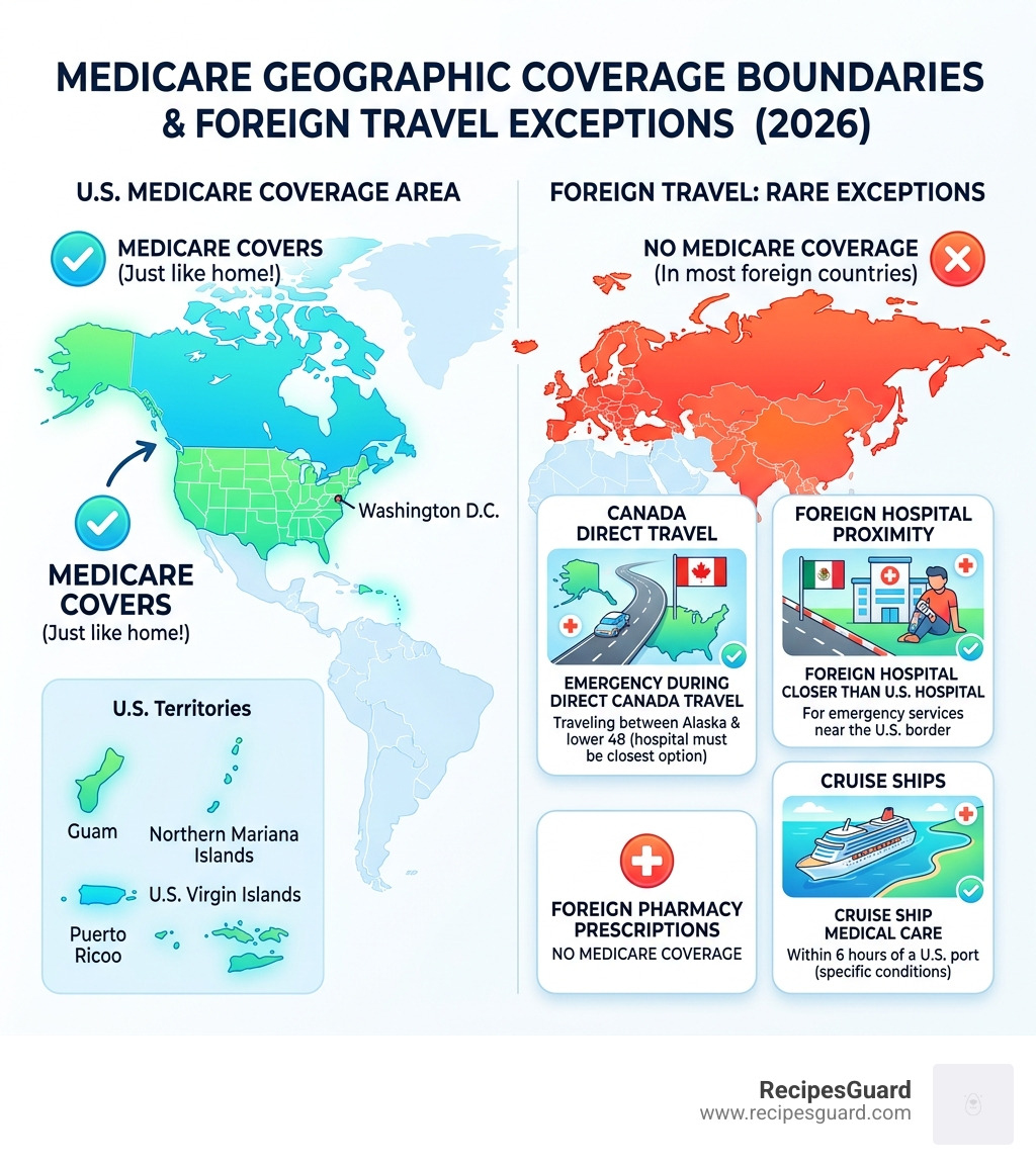 Infographic showing Medicare geographic coverage boundaries and foreign travel exceptions - does medicare cover emergency