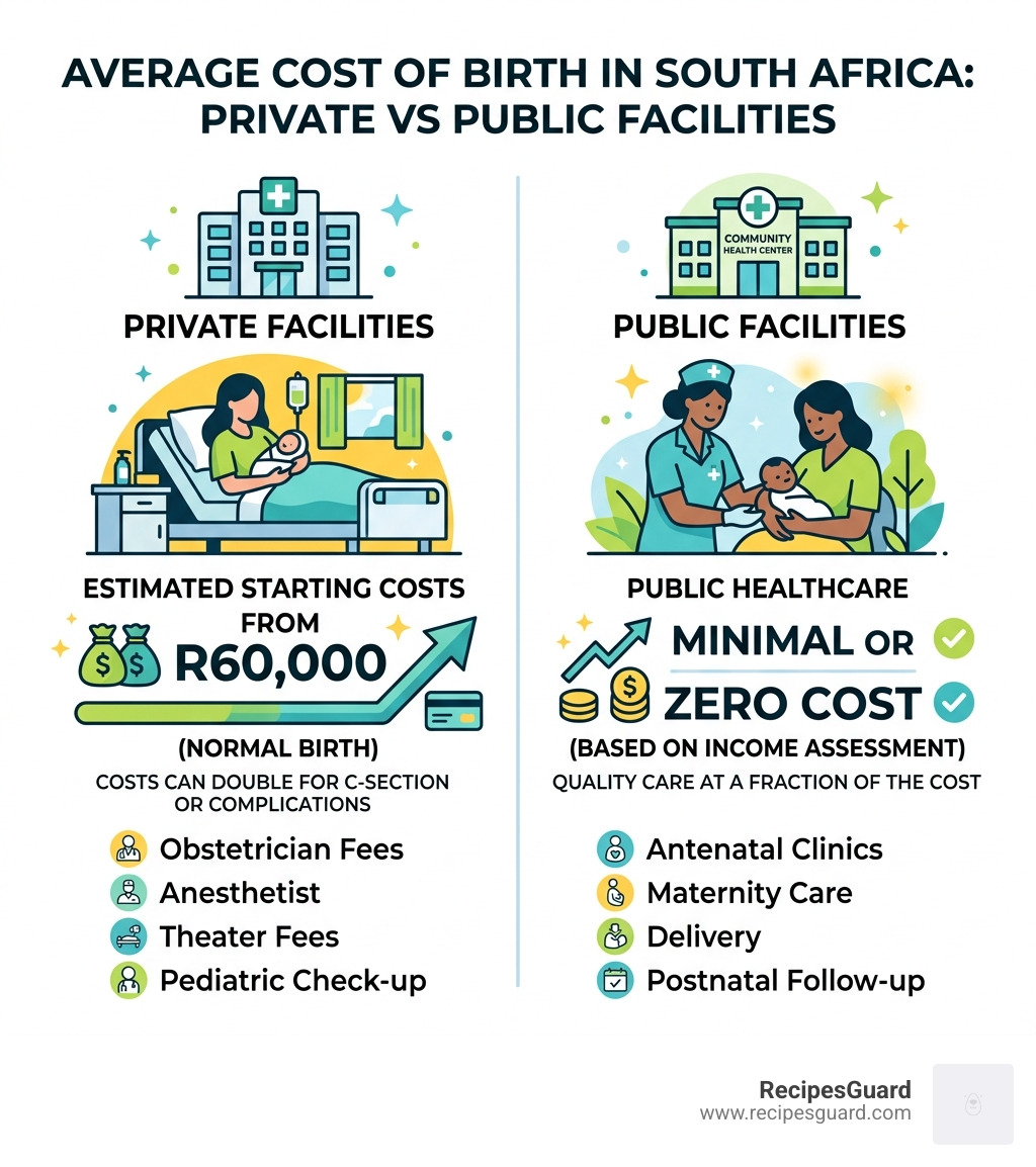 Infographic showing the average cost of birth in private facilities vs public facilities - medical aid that covers pre
