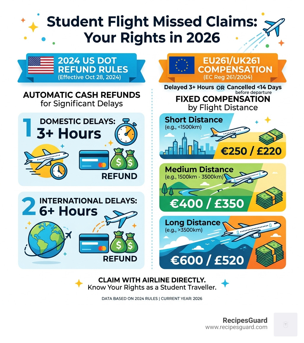 Infographic showing 2024 US DOT refund rules and EU261 compensation amounts by flight distance for students - flight missed