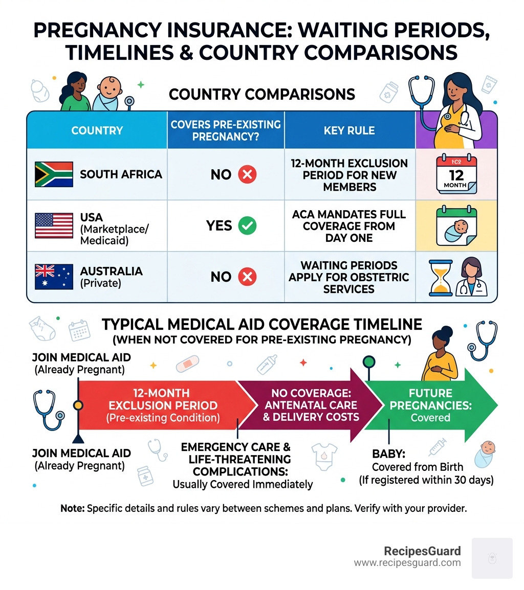 Infographic showing pregnancy insurance waiting periods, coverage timelines, and country comparisons - medical aid that