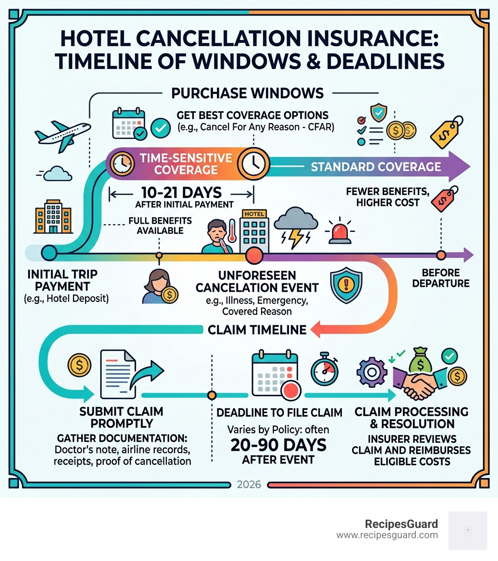 Timeline showing hotel cancelation insurance purchase windows and claim deadlines - hotel cancelation insurance infographic 