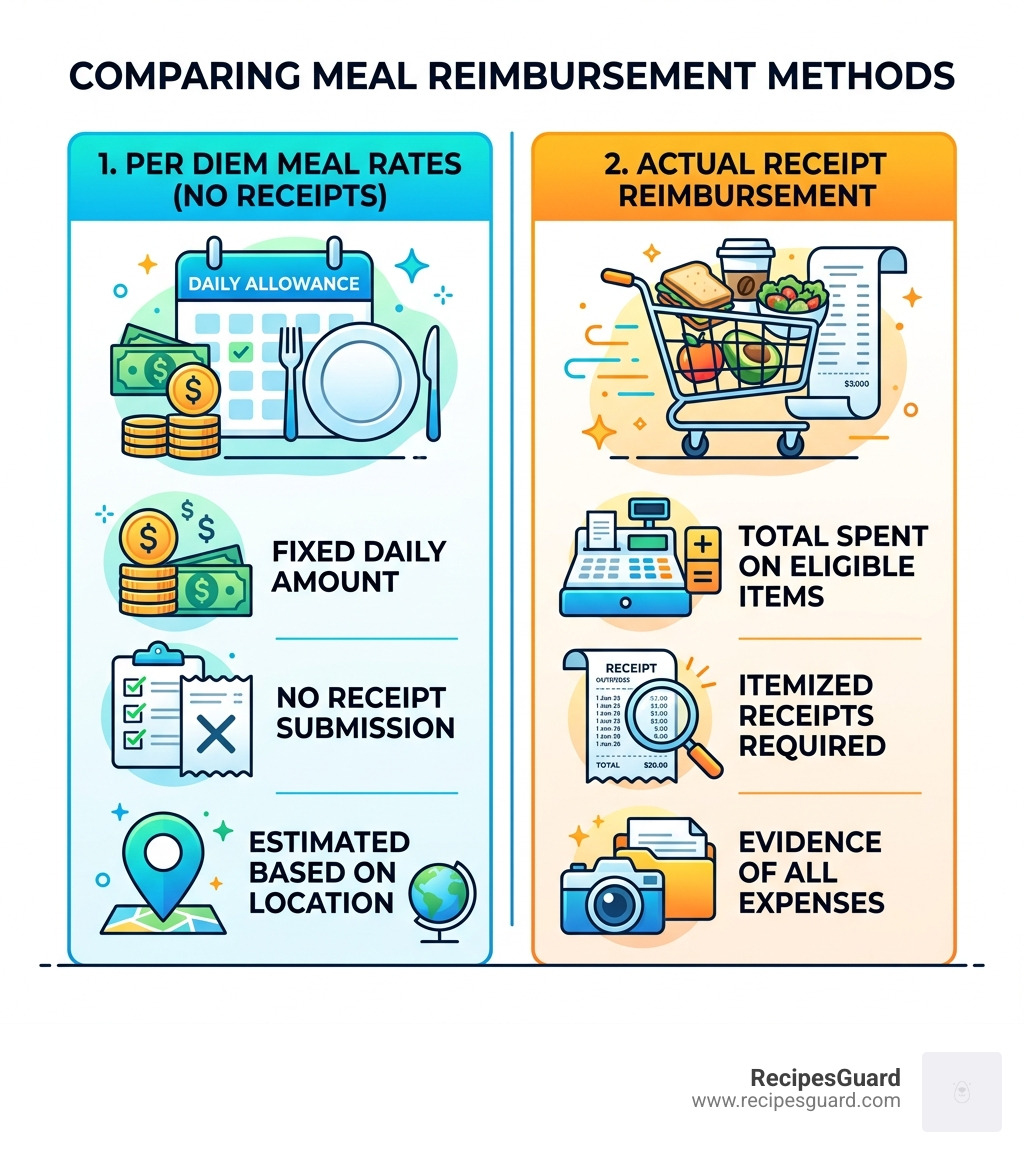 Infographic comparing per diem meal rates versus actual receipt reimbursement requirements - student travel claim tutorial