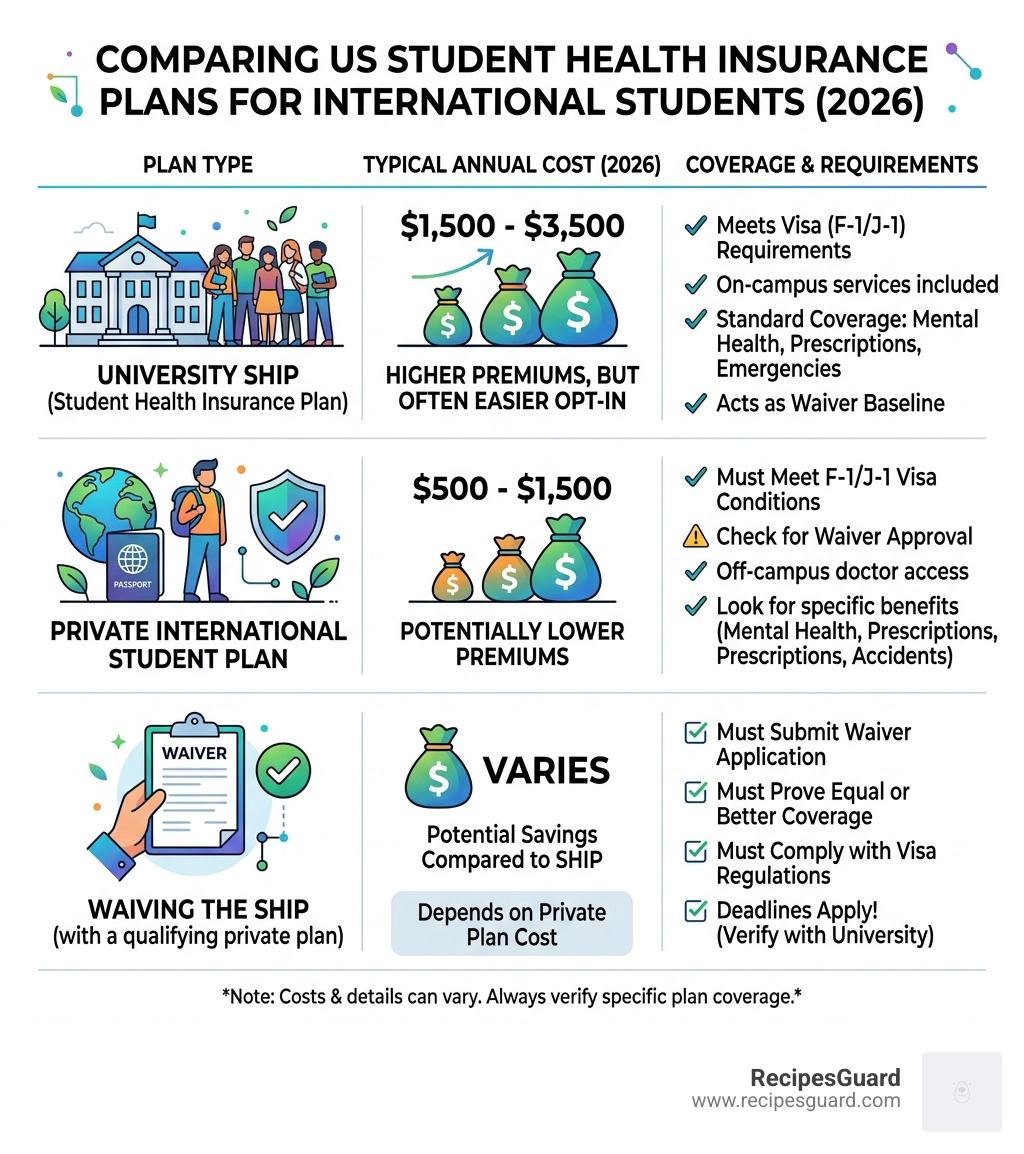 Infographic comparing US student health insurance plan types costs and coverage requirements for international students 2026