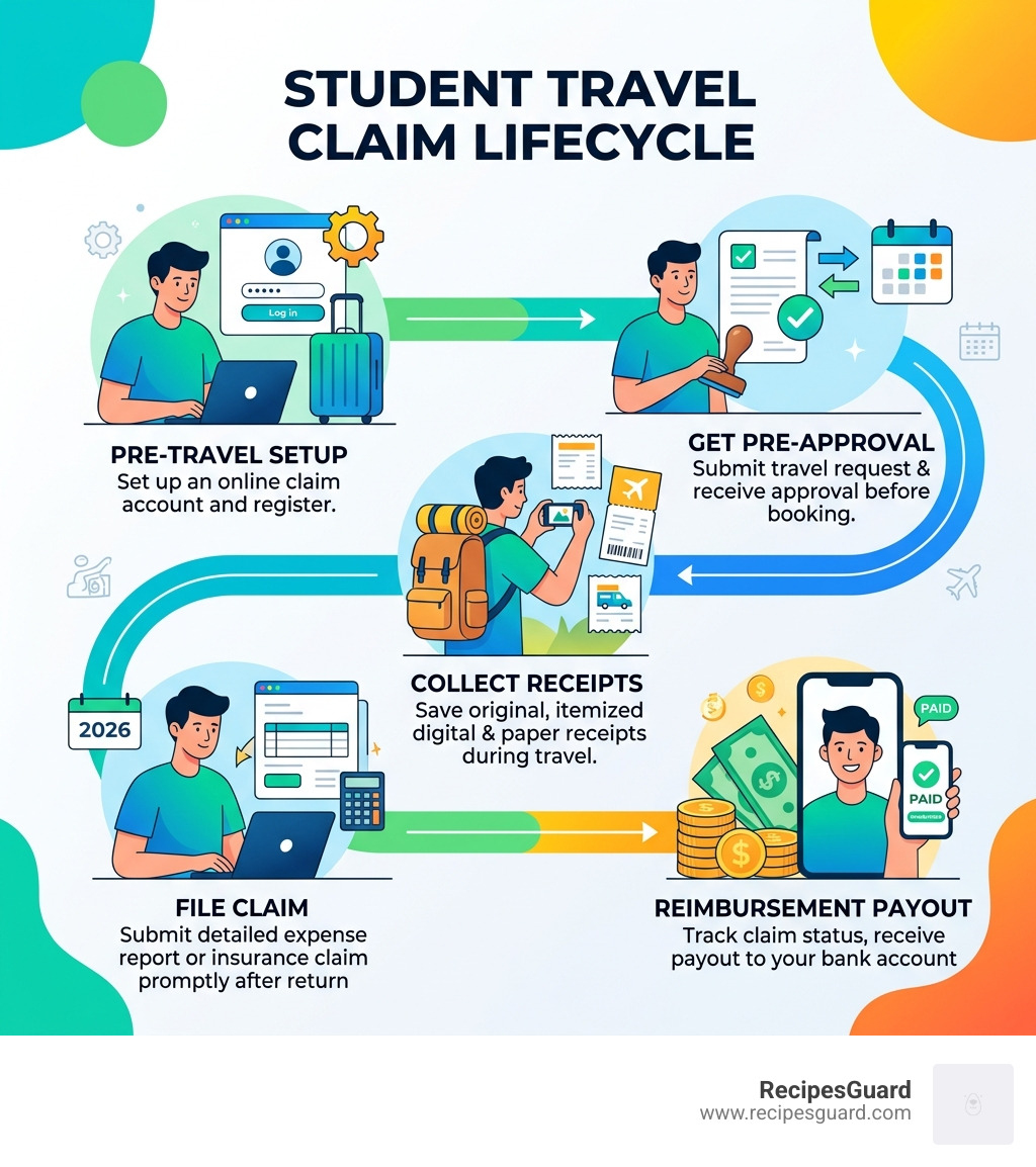Student travel claim lifecycle infographic from pre-travel setup to final reimbursement payout - student travel claim