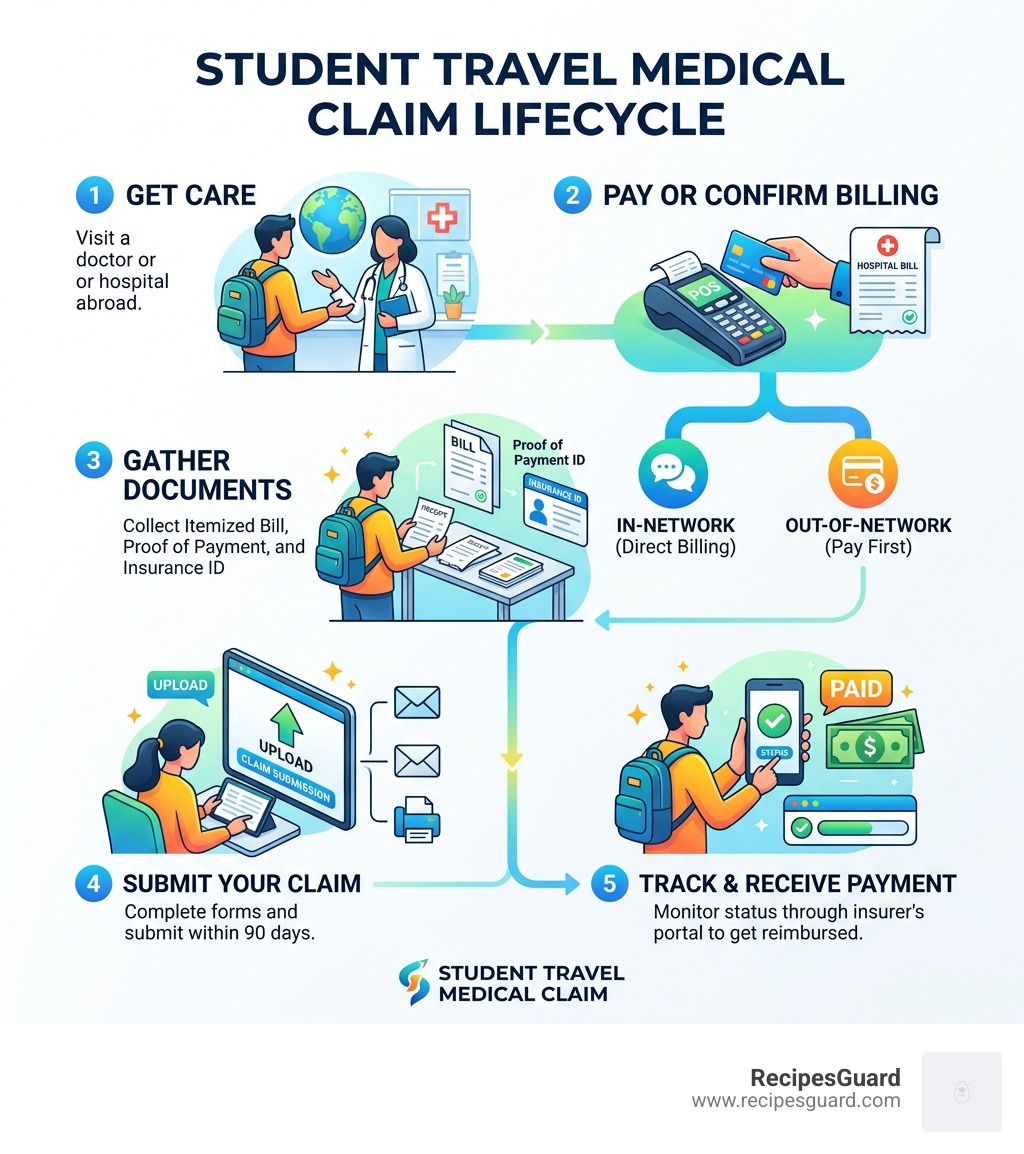 Student travel medical claim lifecycle infographic showing steps from getting care to reimbursement - student travel medical