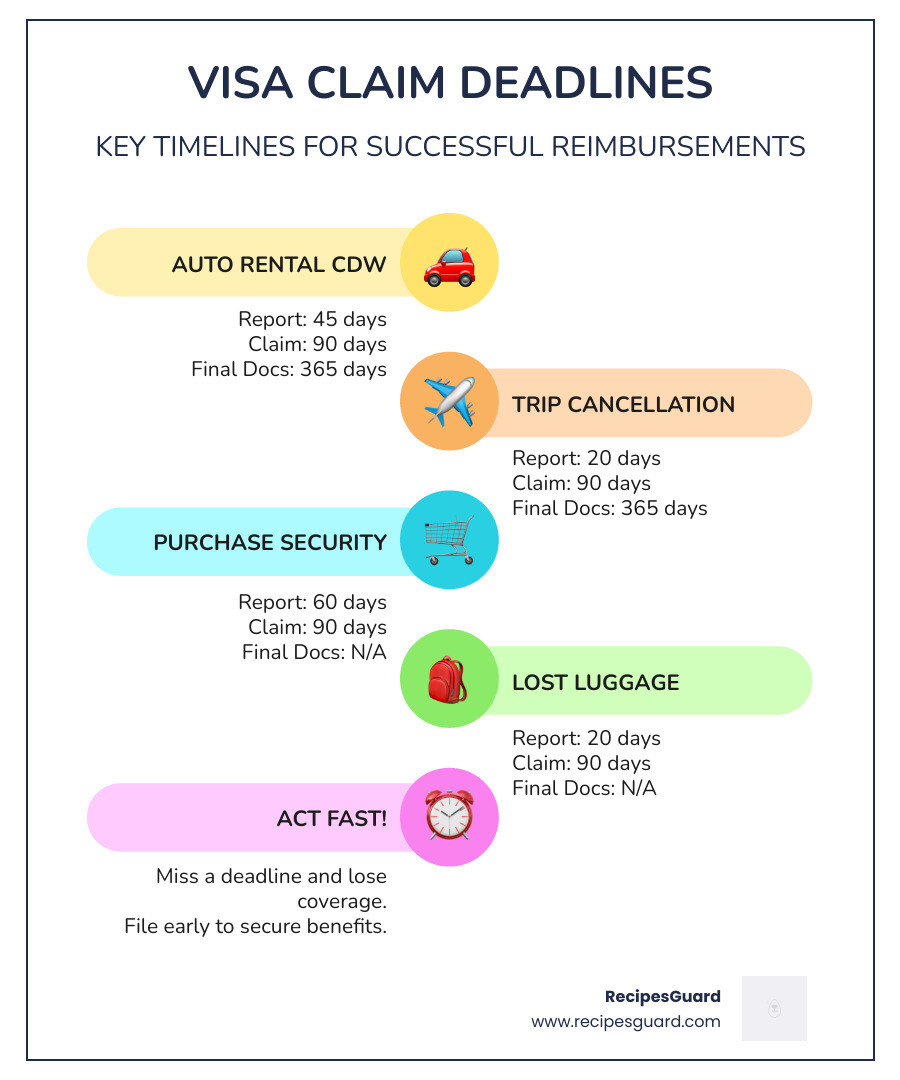 Deadline comparison for Visa insurance claims - visa insurance claim steps infographic infographic-line-5-steps-colors