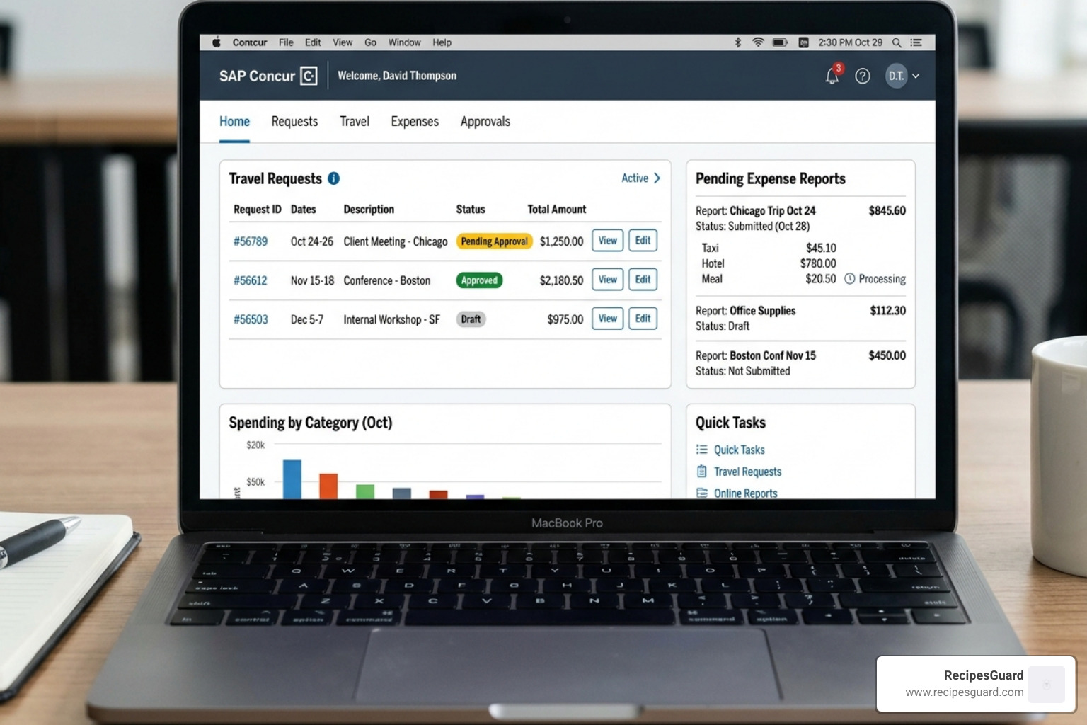 The Concur dashboard showing active travel requests and pending expense reports - student travel claim tutorial