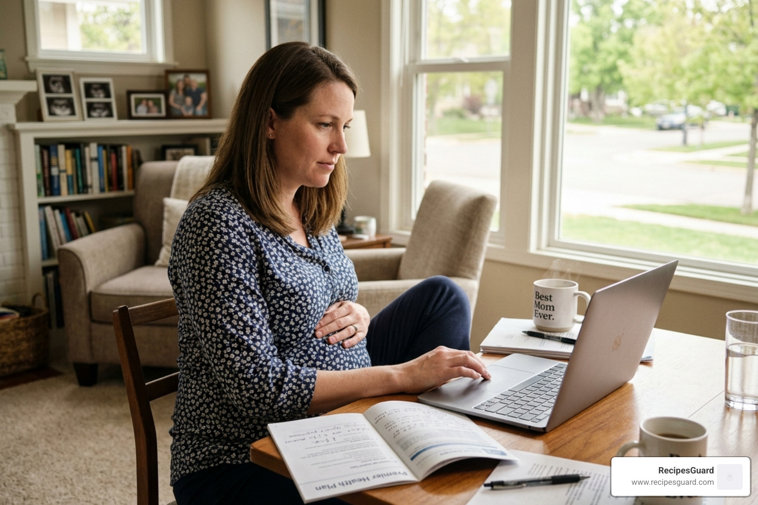 An expectant mother reviewing insurance policy documents on a laptop - medical aid that covers pre existing pregnancy