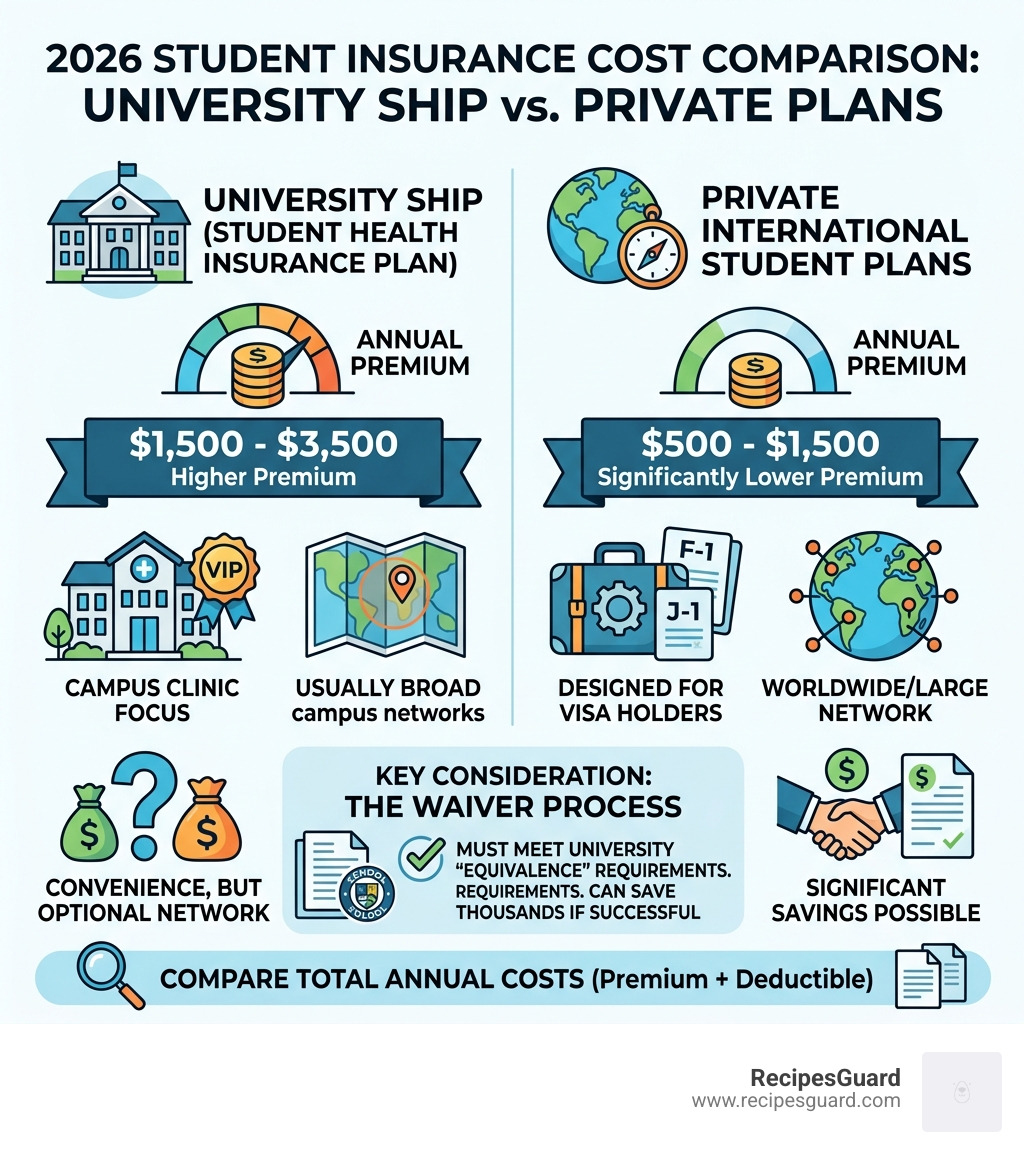 Infographic showing cost comparison between SHIP and private plans 2026 - student insurance comparison infographic 