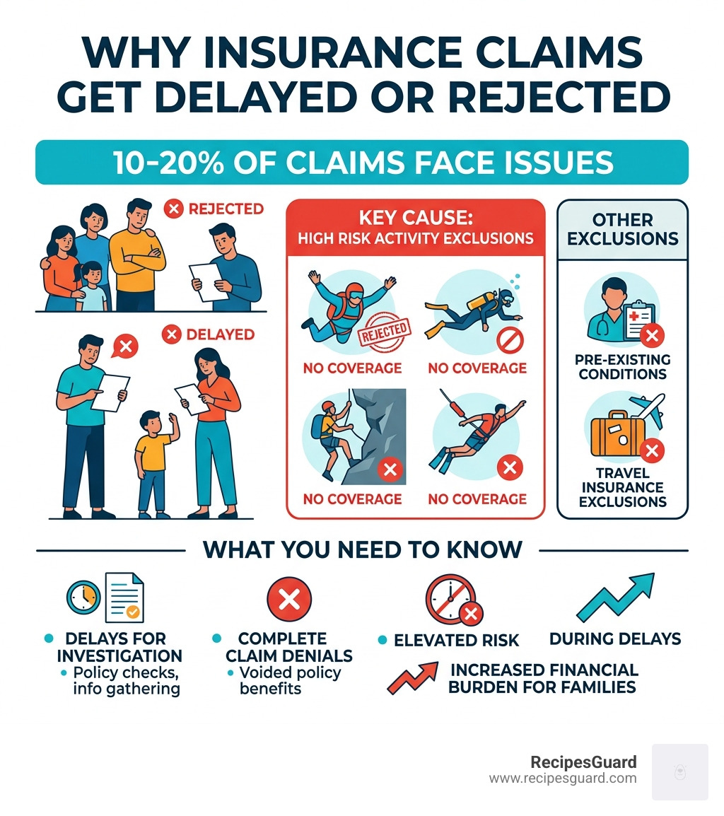 Infographic showing why 10-20% of insurance claims are delayed or rejected due to exclusions like high risk activities