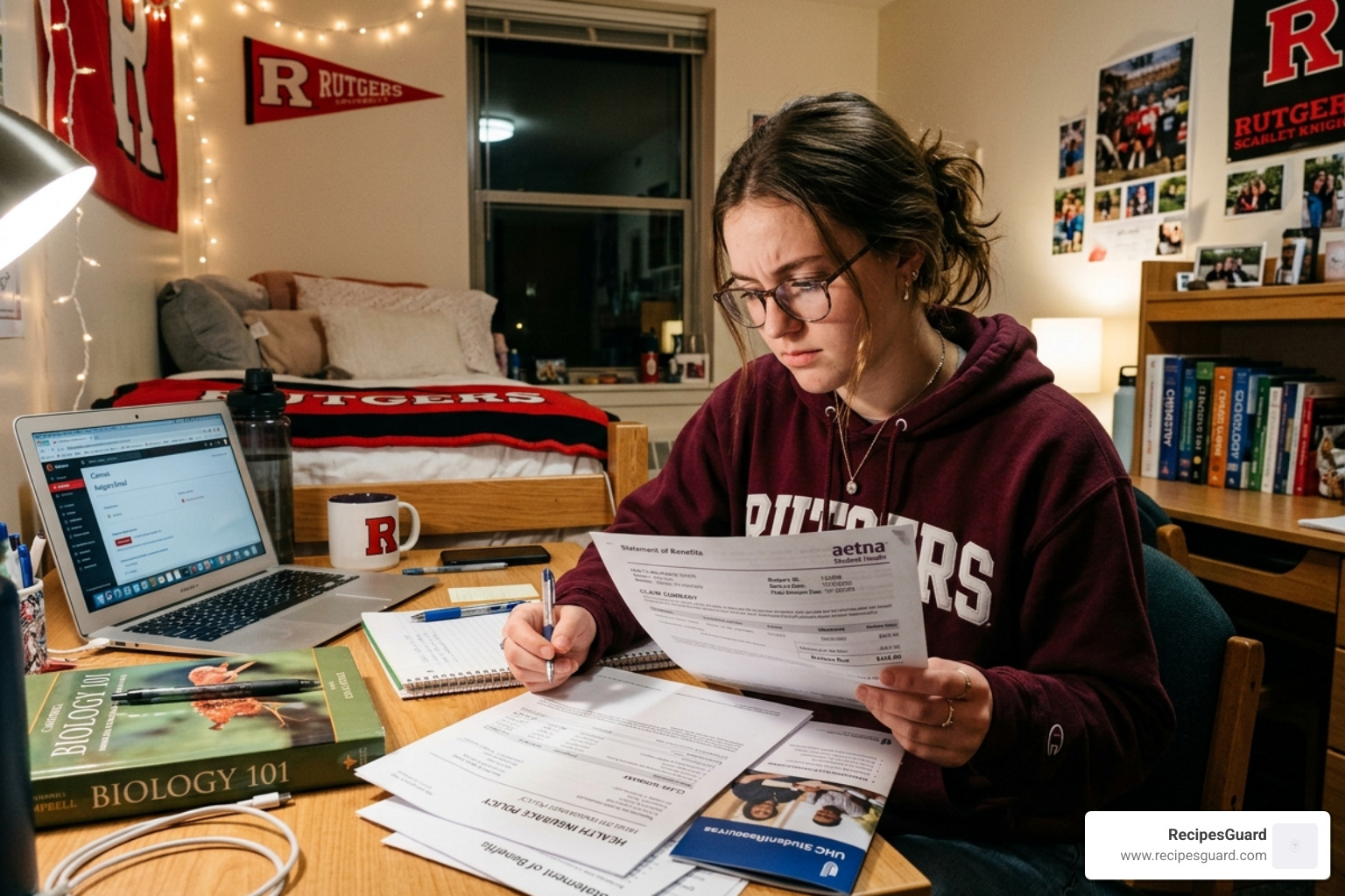 A student reviewing their insurance policy and medical bills - emergency medical student claim