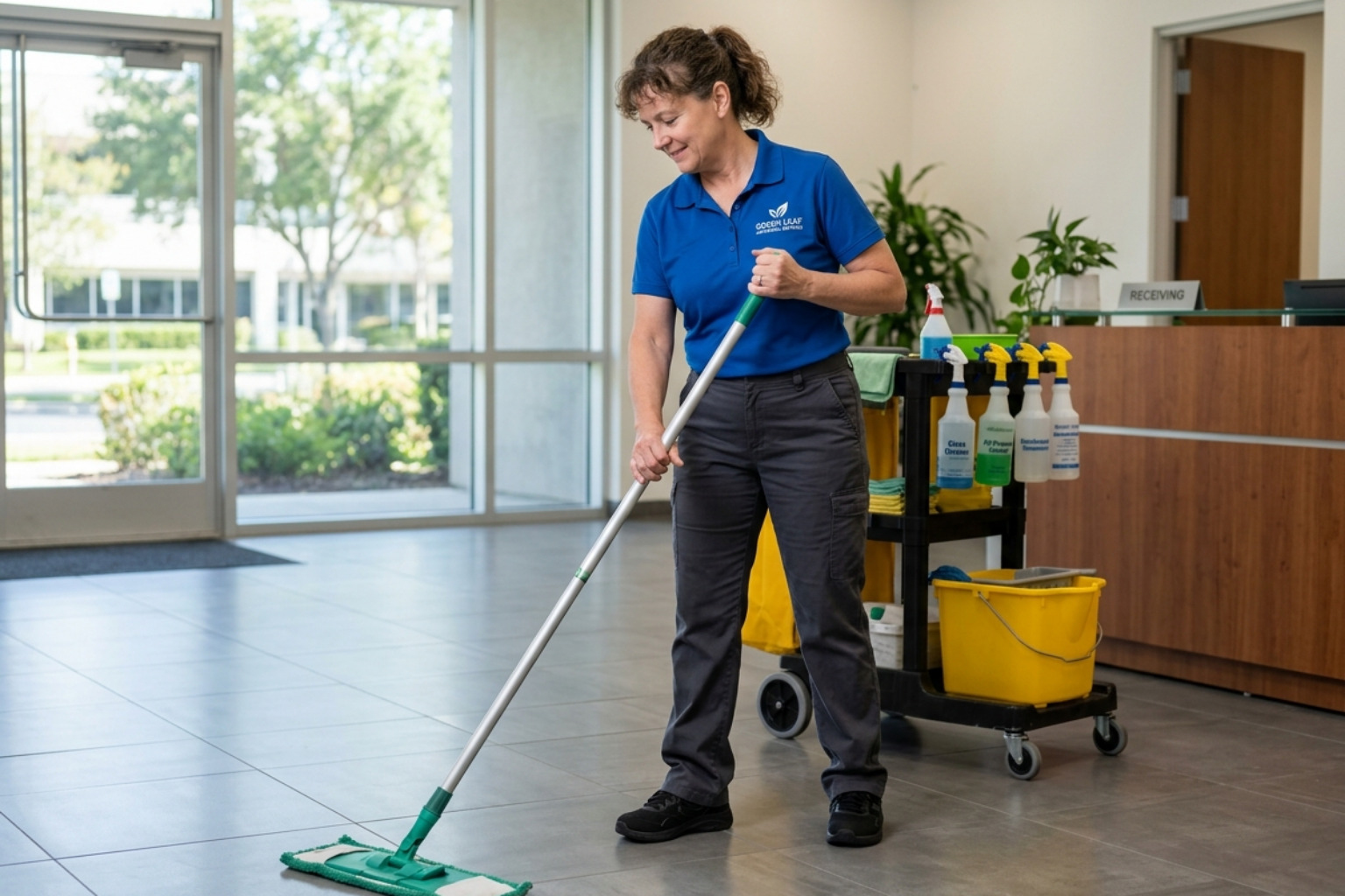 A background-checked cleaning professional wearing a professional uniform and a visible ID badge sanitizing a high-touch A background-checked cleaning professional wearing a professional uniform and a visible ID badge sanitizing a high-touch