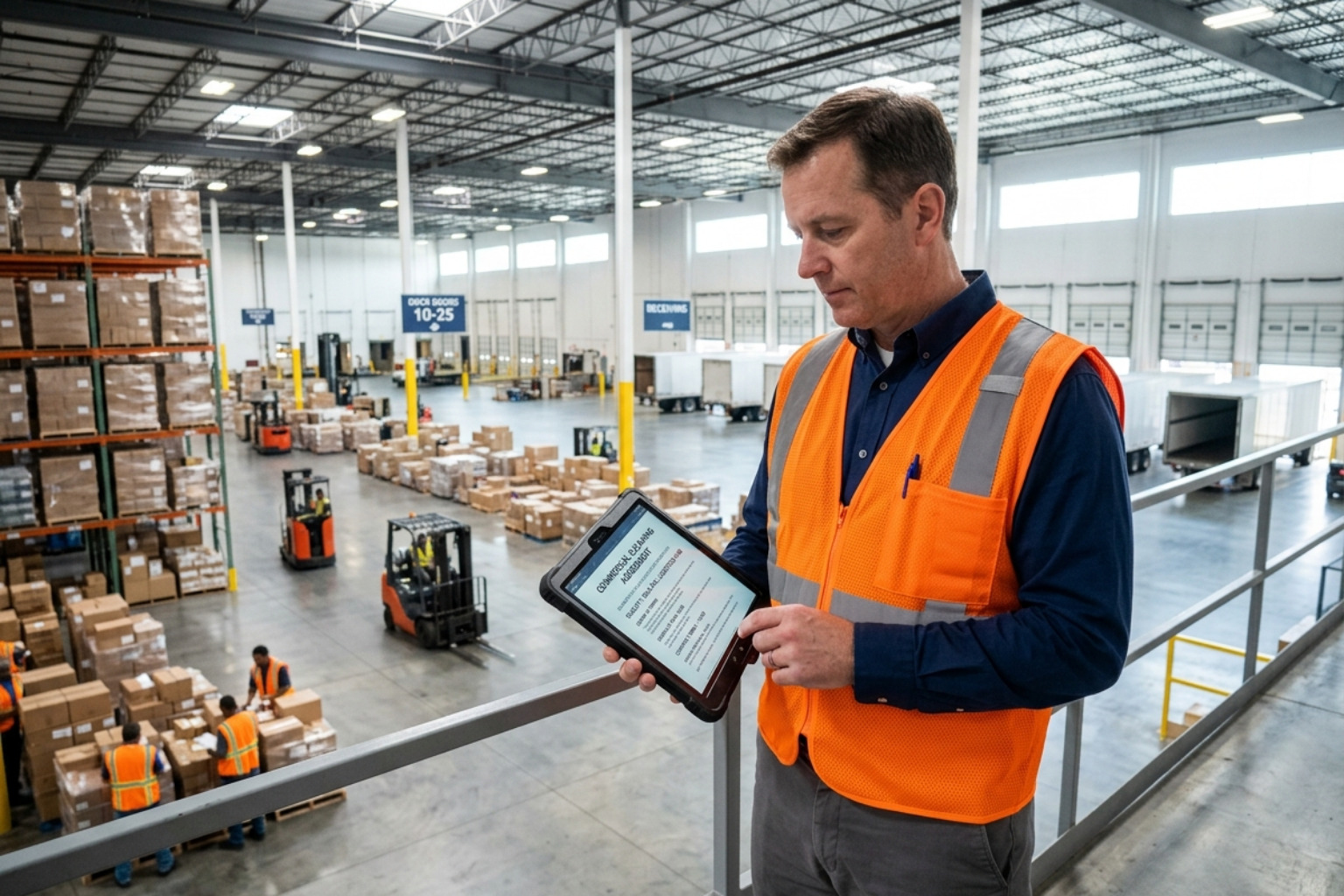 A professional facility manager in a high-vis vest reviewing a detailed commercial cleaning contract on a tablet inside a A professional facility manager in a high-vis vest reviewing a detailed commercial cleaning contract on a tablet inside a