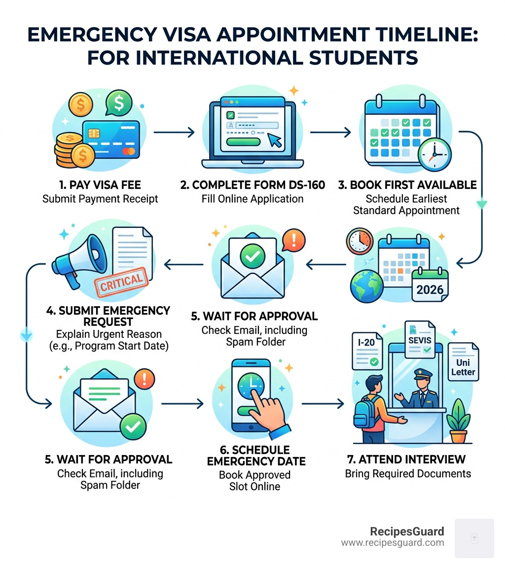 Emergency visa appointment timeline for international students showing steps from application to interview - emergency visa