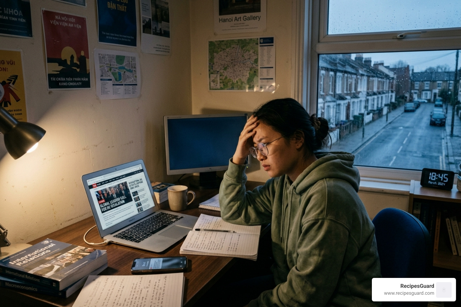 International student studying at a desk during a period of global crisis - emergency visa claim student