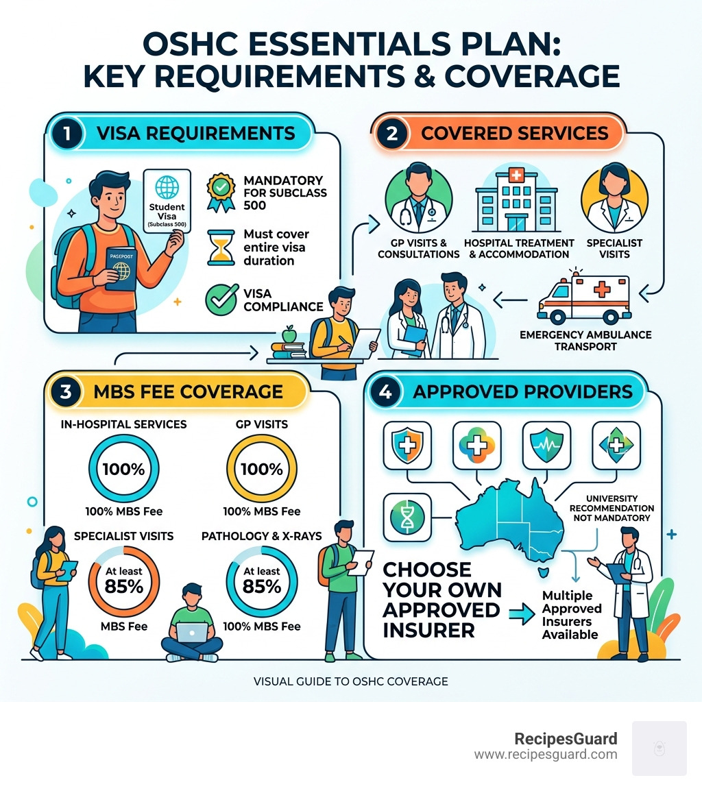 Infographic showing OSHC visa requirements, covered services, MBS fee percentages, and approved providers - oshc essentials