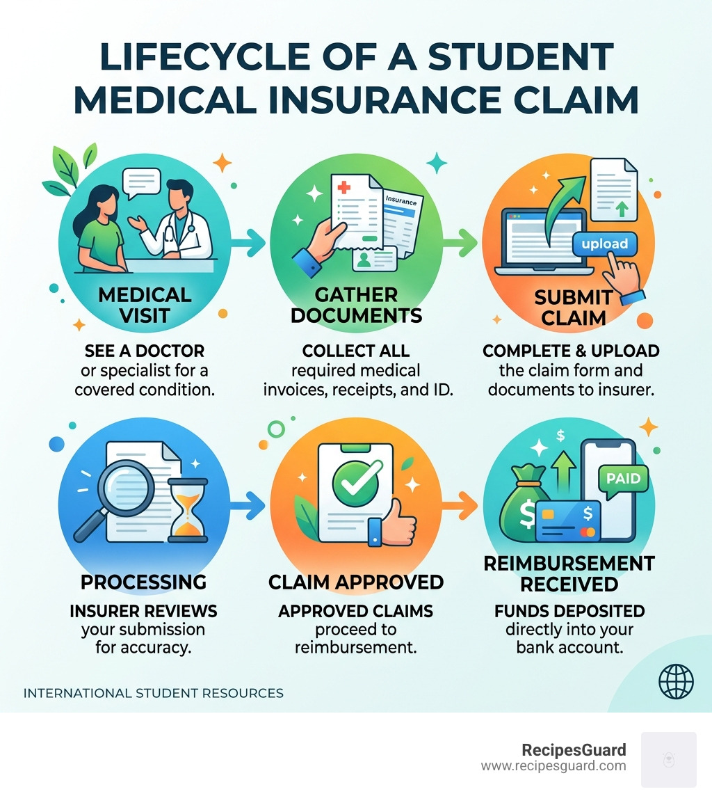 Lifecycle of a student medical insurance claim from visit to reimbursement - claim process student visa infographic 