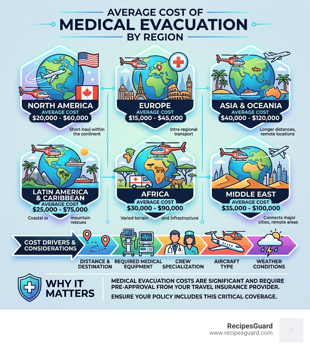 Infographic showing the average cost of medical evacuation by region - travel insurance medical exclusions infographic 