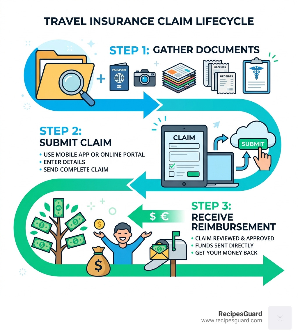 3-step travel insurance claim lifecycle: gather documents, submit claim, receive reimbursement - file travel insurance claim
