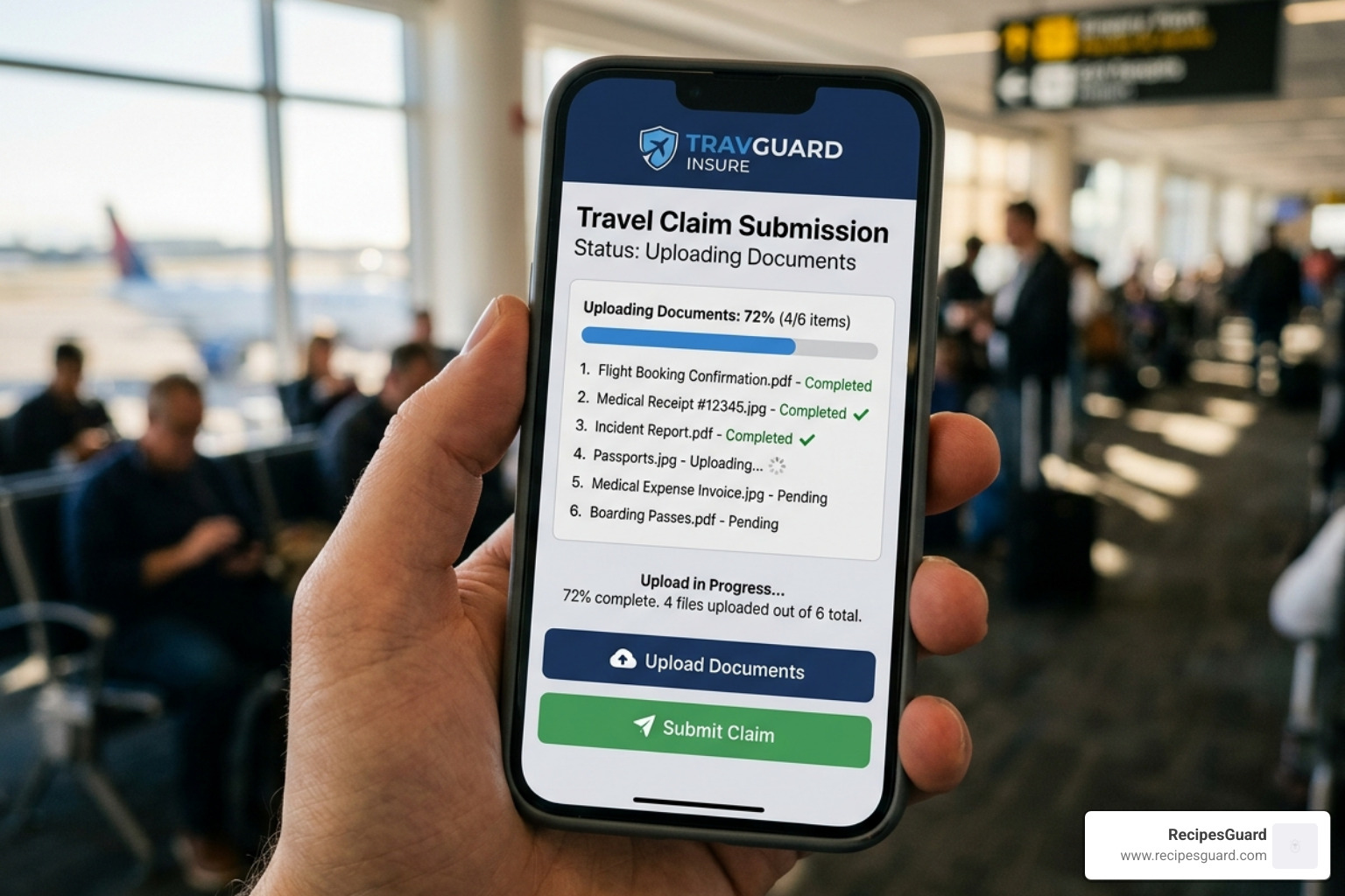 mobile app interface showing claim submission buttons and document upload status - file travel insurance claim